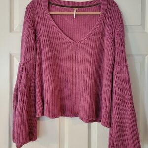 Free People Pink V-Neck Sweater With Bell Sleeves